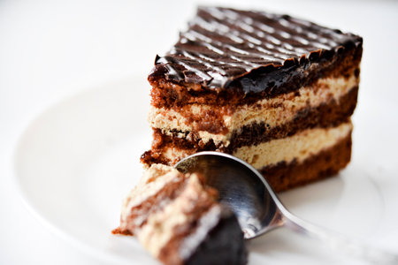 Chocolate cake on a white plate. A cake and a spoon. Eating sweets.の写真素材