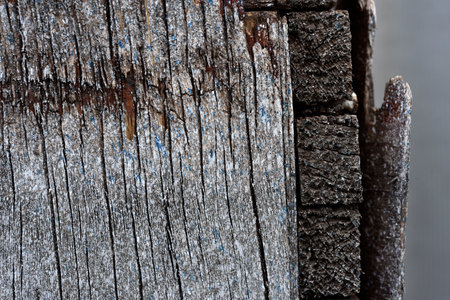 The surface of old rotten boards. Cracks in the wood. old plywood. Traces of paint.の写真素材