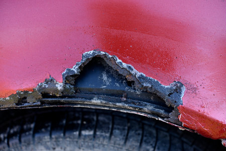 A rotten car. A rotten hole in the car body. A rotten car wing.の写真素材
