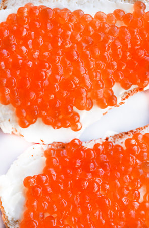 Red salmon caviar on bread and butter. A sandwich with caviar and butter on a plate.の写真素材