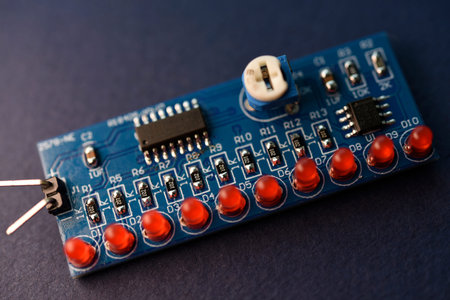 A printed circuit board with radio elements. LEDs and chips. A set for soldering an amateur radio.