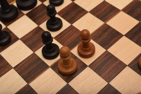 Black and white chess. Wooden chess on a board. A chess game.