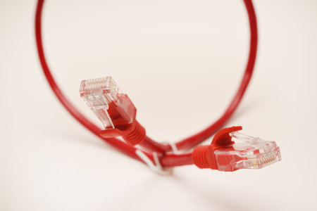 Red internet cable on a white background. The RJ-45 connector.の写真素材