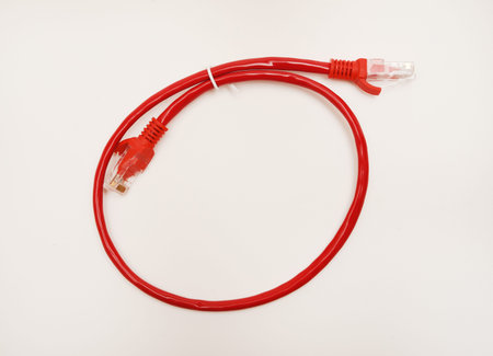 Red internet cable on a white background. The RJ-45 connector.