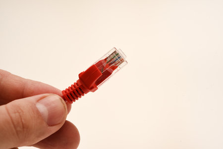 Red internet cable in hand. The RJ-45 connector.の写真素材
