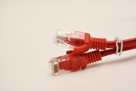 Red internet cable on a white background. The RJ-45 connector.