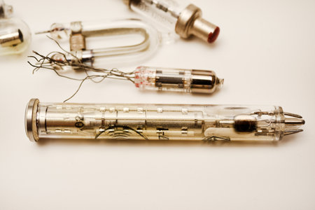Old lamps from radio electronics. Lamps from calculating devices and lighting.の写真素材