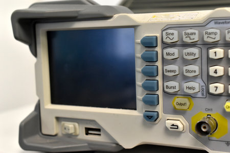 An electronic oscilloscope in the laboratory. A device for measuring voltage.の写真素材