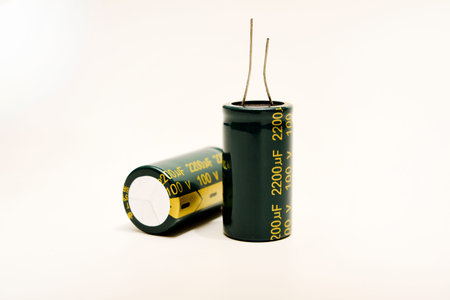 Electrolytic capacitors on a white background. Electronic elements for electronic devices.の写真素材