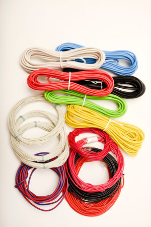 Coils of multicolored wires. Connecting wires for electronics.
