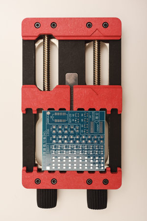 Universal professional holder for circuit boards and microchips. Blue printed circuit board for...