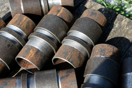 Metal pipe. Plumbing steel pipe bend. Metal pipe with thread.