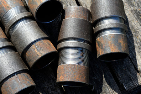 Metal pipe. Plumbing steel pipe bend. Metal pipe with thread.