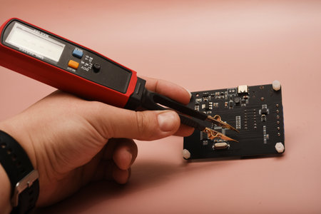 The SMD component tester. Investigation of the parameters of the SMD components using a tester probe.の写真素材