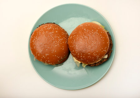 Hamburger with meat and vegetables. Fast food. Hamburger on a plate.の写真素材