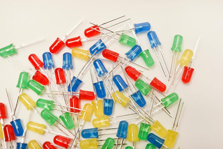 A scattering of LEDs. Multi-colored LEDs in bags. Electronic elements.の写真素材