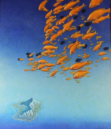 Sea composition with a gold fish and small islandの写真素材