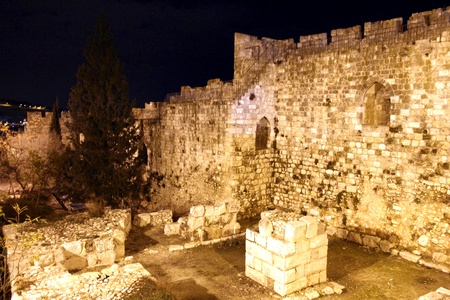Old Jerusalem walls at the nightのeditorial素材
