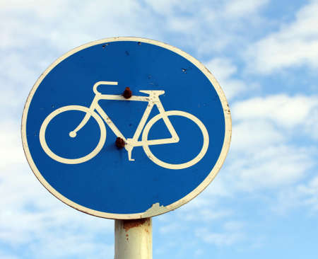 Traffic sign (bicycle path) on blue sky backgroundの写真素材