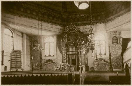 Retro photo of interior of old wooden synagogue  in Grodno, Belarus, 18th century AD and was completely destroyed by the Nazis during the Holocaustのeditorial素材