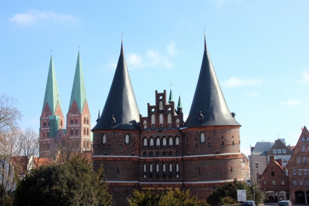 Holsten Gate, Lubeck old town, Schleswig-Holstein, Germanyのeditorial素材
