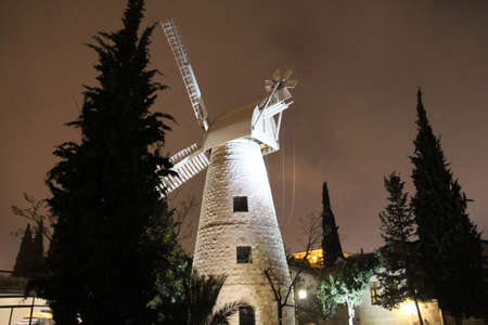 Montefiore Windmill at night  Jerusalem  Windmill was built at his own expense to bring the inhabitants of Jerusalem outside the city wallsの写真素材