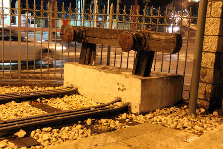 Historic railway siding ancient  line Jaffa-Jerusalem at the night  Jerusalem  Israel  The Jerusalem Railway Station  Hebrew   Tahanat HaRakevet Yerushalayim  is a historic railway station in Jerusalem, Israel, located between Hebron Road and Bethlehem Roのeditorial素材