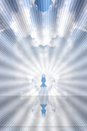 Holy spirit rays bursting  clouds in a blue sky.