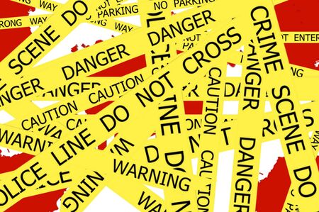 CRIME SCENE  DO NOT CROSS illustration sign on red  blood spot on the white wall backgroundの写真素材