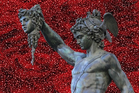 detail of  statue of Perseus holding the head of Medusa on white background, Florence, Italy bronze statue of Perseus holding the head of Medusa,Florence, Italyの写真素材