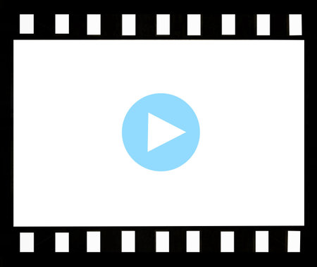 blank negative film on white background and sign PLAY