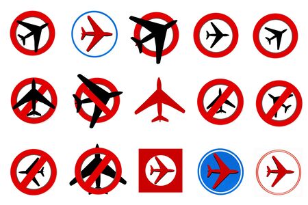 Set of Red prohibition NO FLYING  signs on white background and others airplane  stickersの写真素材