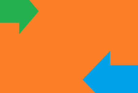 Orange background with two  horizontal green and blue arrowsの写真素材