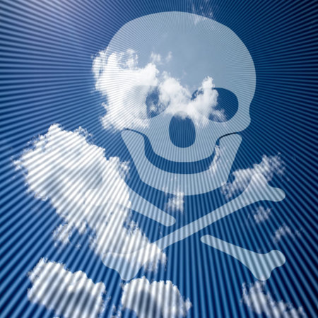 White skull and crossbones silhouette  symbol  on blue sky background with raysの写真素材