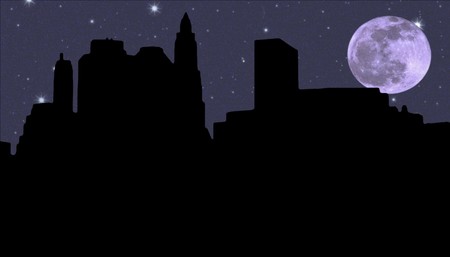 Lower Manhattan silhouette on the night starry sky and  Moon backgroundの写真素材