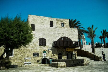 Historic building of Crusades era on blue sky background. Jaffa.  Israelのeditorial素材