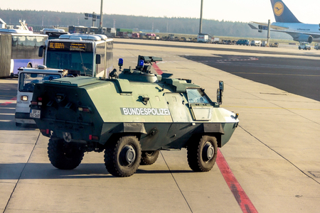Police armored  protection vehicle in International Frankfurt Airport, the busiest airport in Germanyのeditorial素材