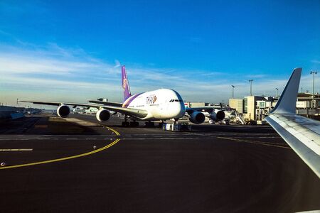 A Thai Airways Airbus A380 in Frankfurt am Main airport. Thai Airways has six Airbus A380's, the last due for delivery by summer 2013のeditorial素材