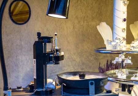 Equipment for jewelery jewels cutter in small outdoor gift store at the  Baden-Baden Christmas Market. Germanyのeditorial素材