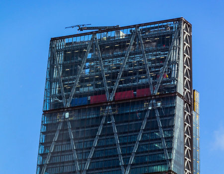 Leadenhall Building  or The Cheesegrater building on blue sky background. View from Trinity square....
