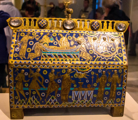 Becket Casket. Made in Limoges, France,  1180-1190.  Gilded copper and champleve enamel on wooden core. Victoria and Albert museum. Londonの写真素材