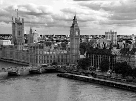 Black and white cityscape from London Eye with houses of Parliament , Big Ben  and  Westminster Abbey . London, UKの写真素材