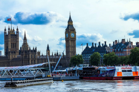 LONDON, UK - JUNE 6, 2015: Cityscape from London Eye with houses of Parliament , Big Ben and tourist...