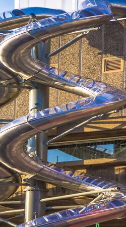 Metal spiral pipe for fire brigade downhill.  London. UKのeditorial素材