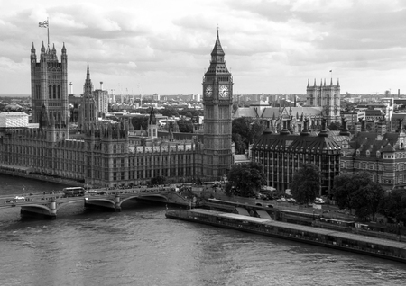 Black and white Cityscape from London Eye with houses of Parliament, Big Ben and Westminster Abbeyの写真素材