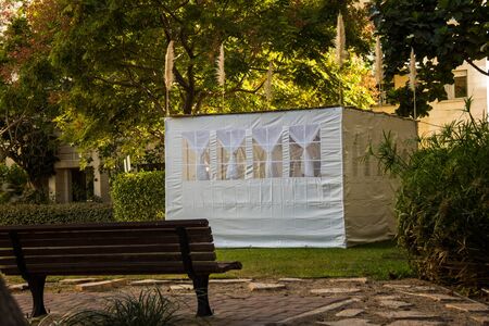 Jewish Holiday Sukkot . A sukkah is a temporary hut constructed for use during the week-long Jewish festival of Sukkot. Static shootingのeditorial素材