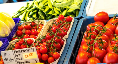 Salzburg, Austria - July 15, 2017: Close up of fresh organic tomatos at outdoor market. Salzburg, Austria,のeditorial素材