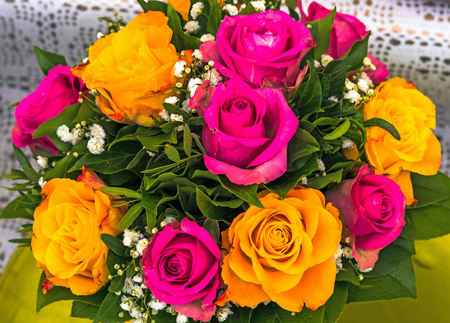 Bouquet of different color roses in flower shop on open air at small city market. Salzburg, Austriaのeditorial素材