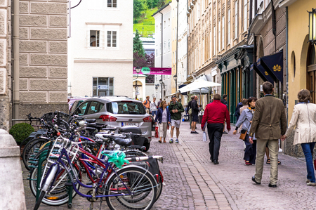 Salzburg, Austria - July 15,2017: View of famous medieval streets of Salzburg, Austria. Currently a lively shopping area. Wolfgang Amadeus Mozart was bornのeditorial素材
