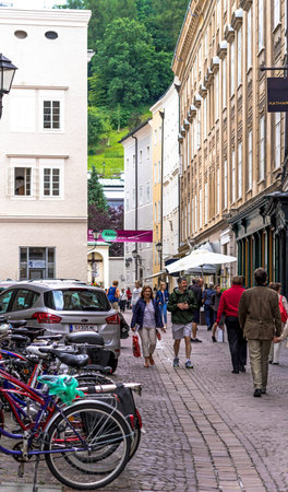Salzburg, Austria - July 15,2017: View of famous medieval streets of Salzburg, Austria. Currently a...